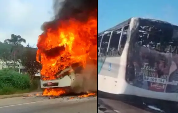 Ônibus da empresa 1001 pega fogo em Nova Friburgo, RJ.